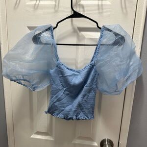 Ribbed Crop top with mesh puffer sleeves- blue and white (Bundle)